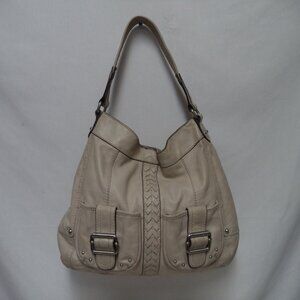 Tignanello Leather hobo shoulder bag purse cream large outside pockets buckles